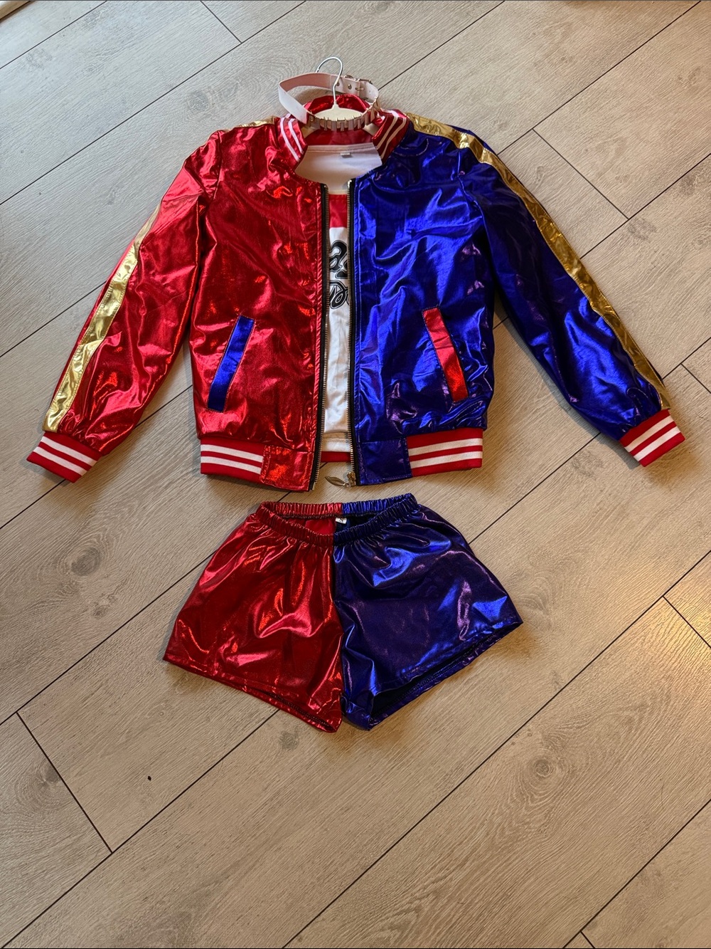 ADULT Red & Blue Shiny Bomber Jacket “Daddy’s Lil Monster” 4pc Costume